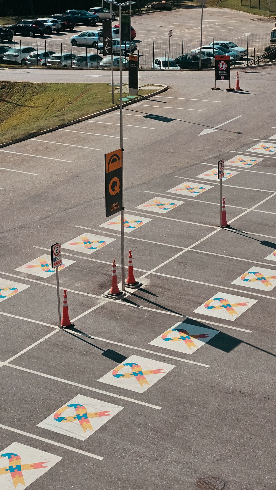 Parking lot with road markings and traffic cones
